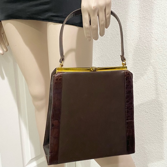 Vintage Sydney of California Brown Croc Leather Trim Top Handle Clutch Handbag - Picture 2 of 16
